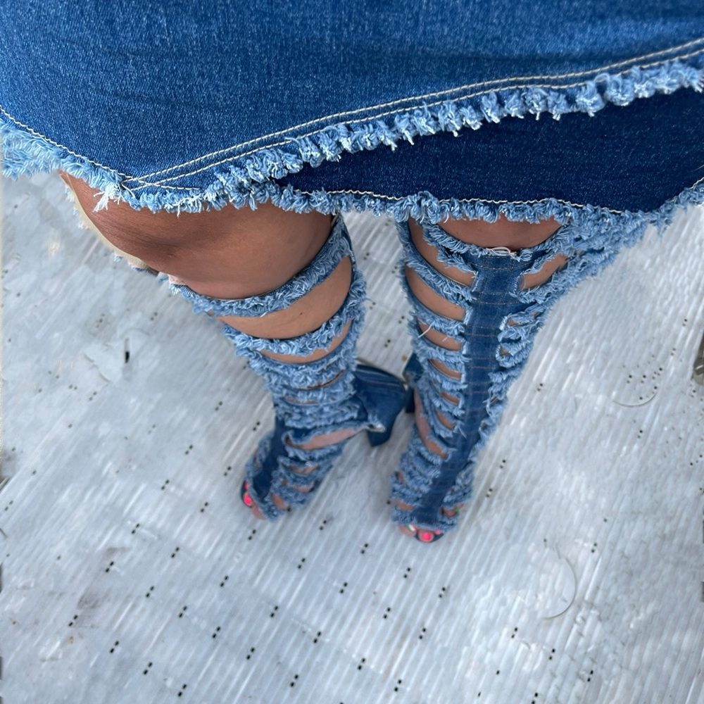 Distressed Denim Knee-High Heeled Platform Boots - Picture 6 of 8